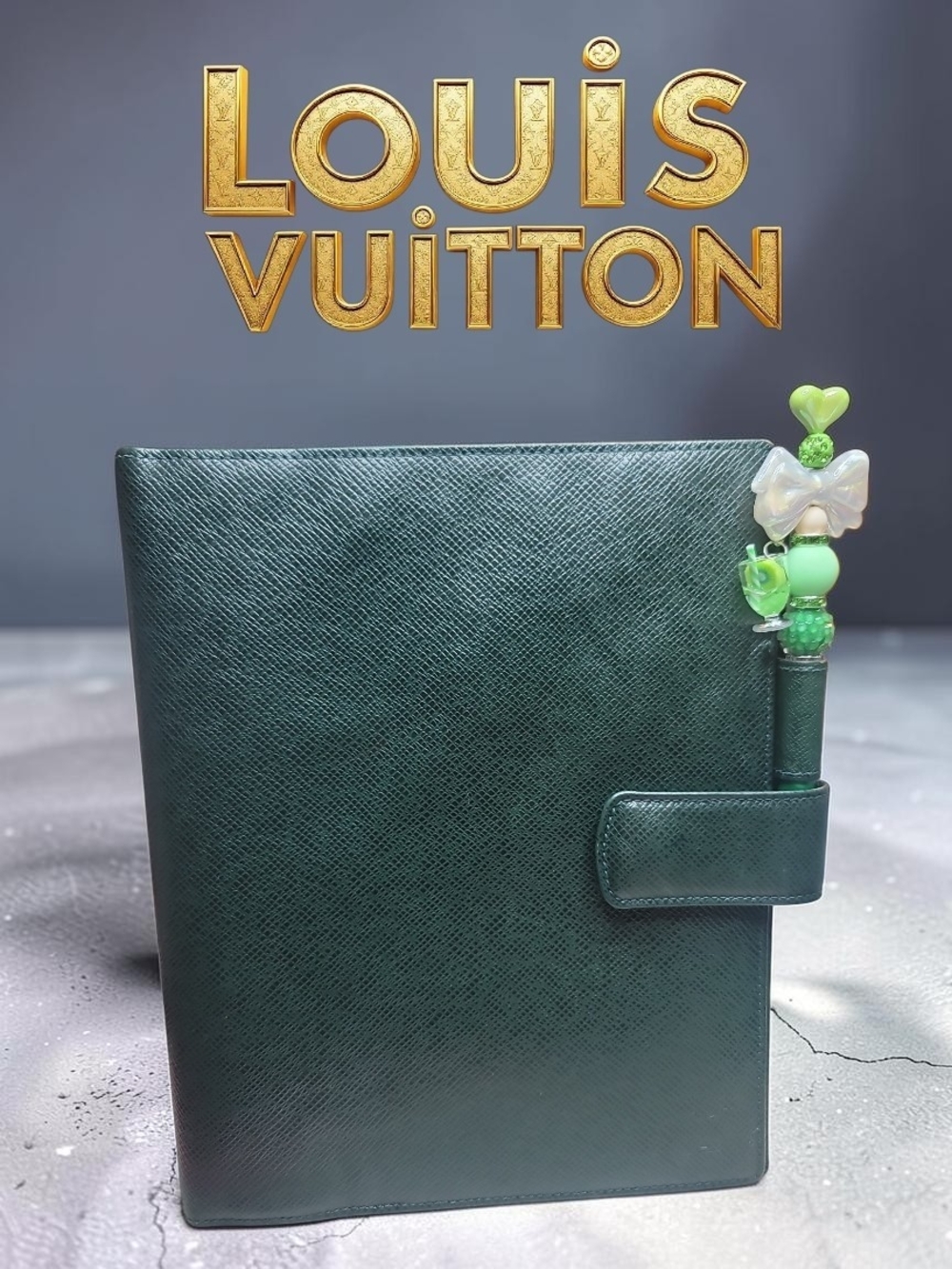 Louis Vuitton Green Leather Agenda Binder Cover #MI0969 Vintage 1999